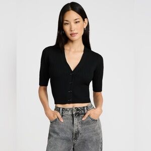 Express Ribbed V-Neck Cropped Short Sleeve Cardigan in Black Size Small